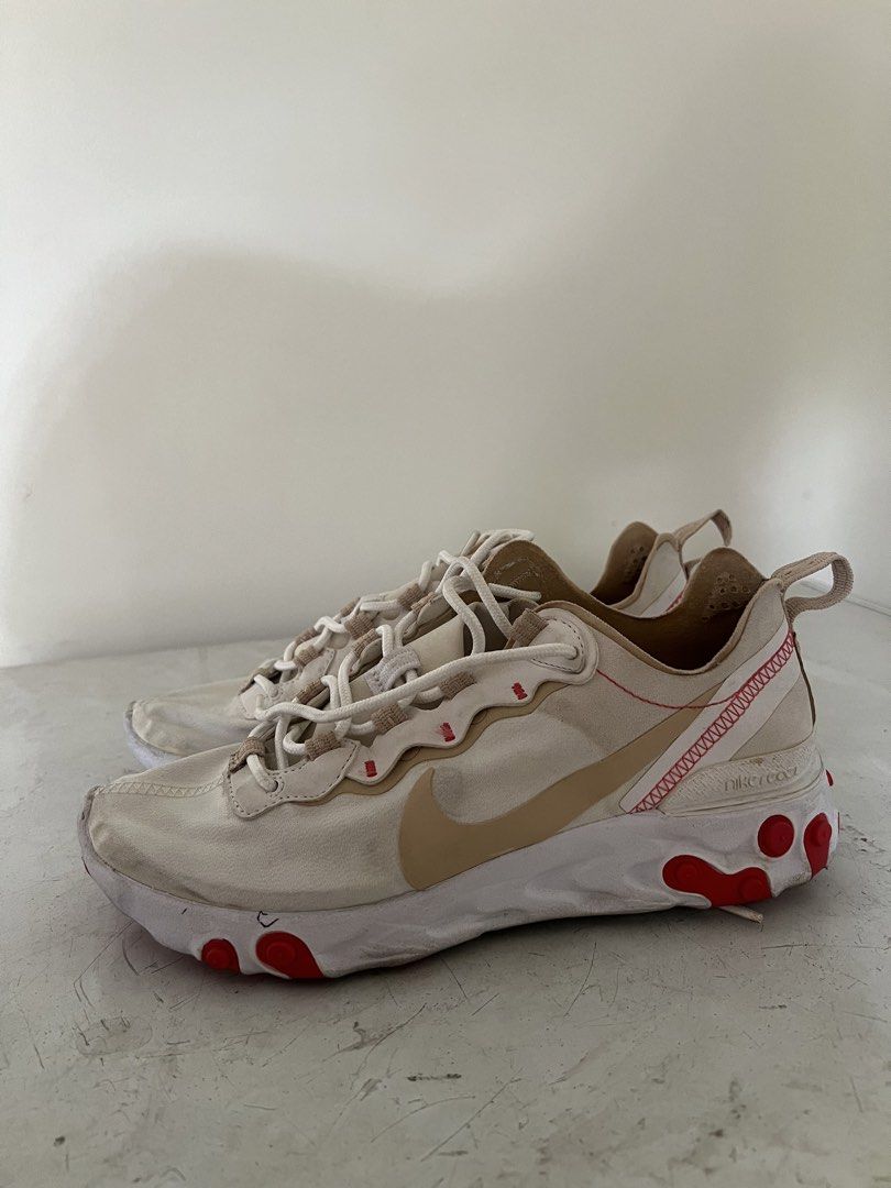 Nike React Element 55 womens size 6.5 (Category: Sneakers) located in Manila. Submitted by mjaquila30 (Listing ID 1449174306, Image 2). Description: - Nike React Element 55 sneakers - Color: Cream and tan with red accents on sole and stitching - Condition: Lightly used, plenty of life left - Perfect for everyday wear - Reason for selling: Too many shoes.
