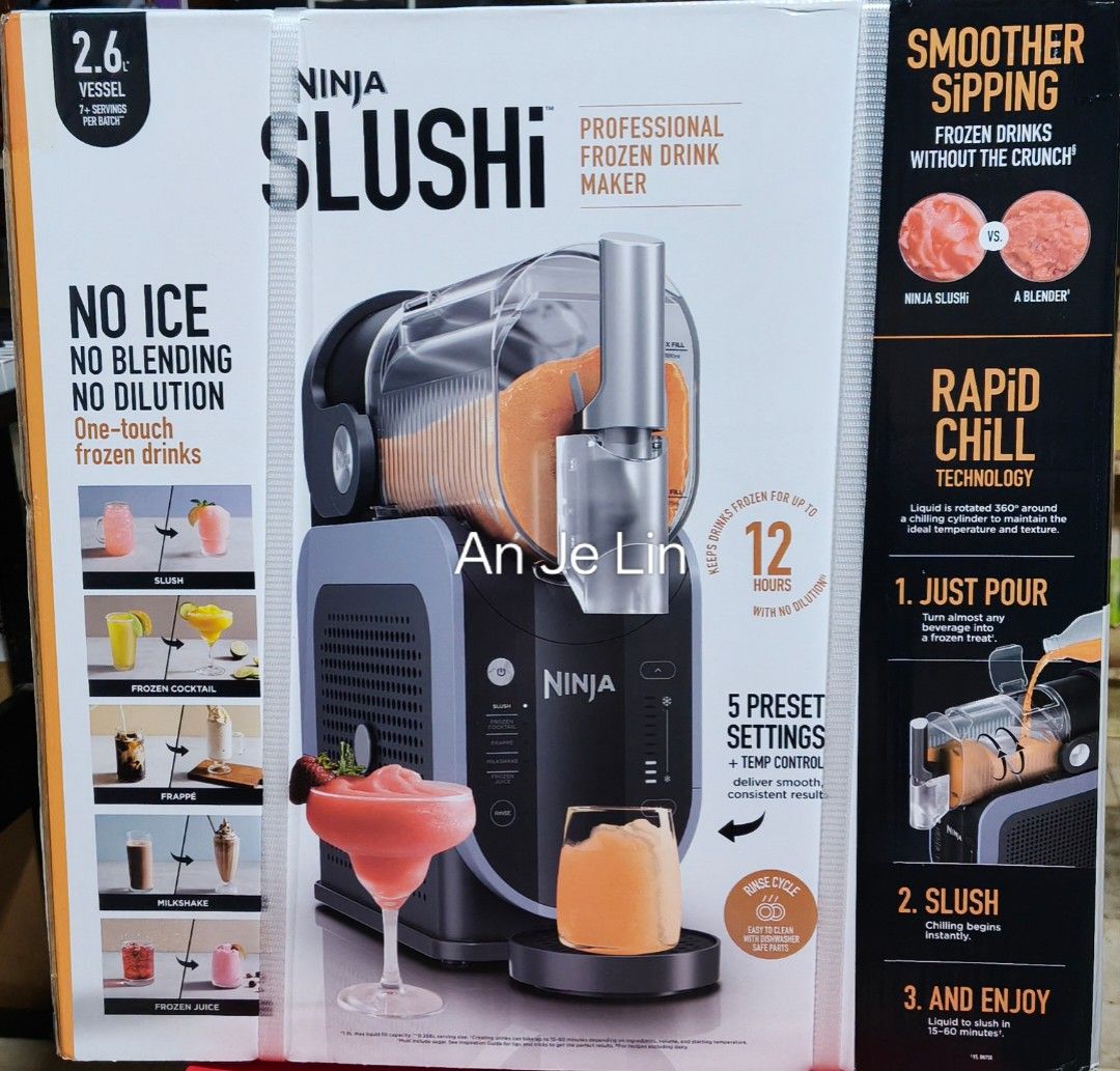 Ninja Slushi Professional Frozen Drink Maker (Category: Juicers, Blenders & Grinders) located in Makati City. Submitted by anjelincloset (Listing ID 1449310350, Image 1). Description: Slushi Professional Frozen Drink Maker Create smooth frozen drinks without ice or dilution. Large 2.6L vessel with 1.9L liquid fill capacity. Features 5 preset settings and temperature control. Rapid chill technology for quick preparation. Includes motor base, vesse