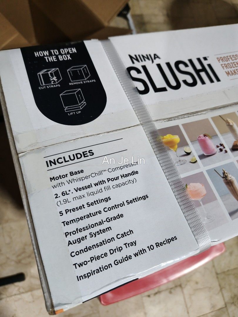 Ninja Slushi Professional Frozen Drink Maker (Category: Juicers, Blenders & Grinders) located in Makati City. Submitted by anjelincloset (Listing ID 1449310350, Image 3). Description: Slushi Professional Frozen Drink Maker Create smooth frozen drinks without ice or dilution. Large 2.6L vessel with 1.9L liquid fill capacity. Features 5 preset settings and temperature control. Rapid chill technology for quick preparation. Includes motor base, vesse