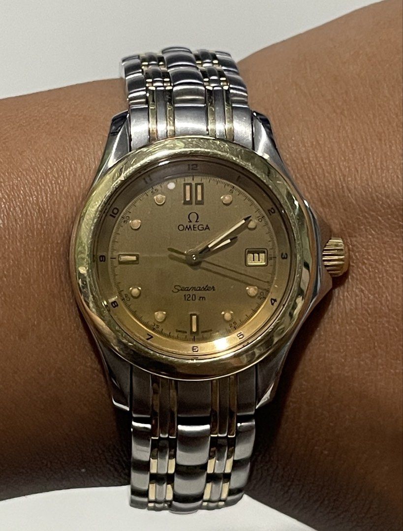 Omega Seamaster Two-Tone (Category: Luxury Watches) located in Taguig. Submitted by j_watches007 (Listing ID 1449159724, Image 1). Description: - Omega Seamaster Date 120m - Swiss Made - Quartz - Yellow Gold Ring Bezel - Two-tone stainless steel and gold bracelet - Champagne dial with date function -28mm “Watch Only” DISCLAIMER: IT’S OLD USED WATCHES EXPECT OF SOME SCRATCHES/SIGNS OF USAGE & PLEASE MANAGE YOUR EXPECTATIONS. PS’ SNCE ITS LIMITD PS