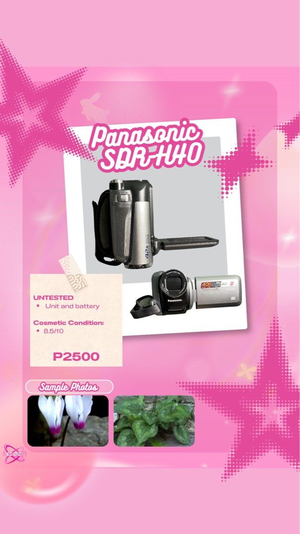 Panasonic SDR-H40 Camcorder with Battery (Category: Video Cameras) located in Tayabas. Submitted by gie.yln (Listing ID 1449234188, Image 1). Description: - Panasonic SDR-H40 Camcorder - Includes: Unit, Battery - Cosmetic Condition: 8.5/10 - Status: Untested - Price: P2500 - Sample photos of flowers and plants included.