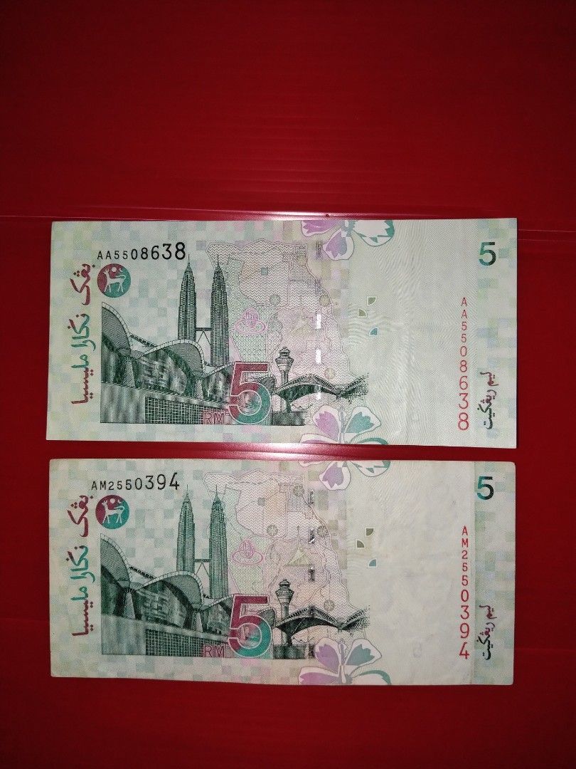 RM5 AA AND AM SIRI 10 (Category: Vintage Collectibles) located in Seremban. Submitted by awbelzcollection89 (Listing ID 1449231056, Image 1). Description: CONDITION VF S/N:AA5508638 (FIRST PREFIX) S/N:AM2550394 (LAST PREFIX).