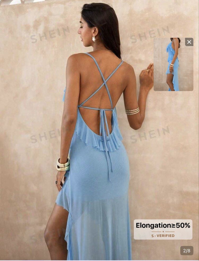 SHEIN Blue Ruffle Asymmetrical Maxi Dress (Category: Dresses) located in Magalang. Submitted by mvenetri (Listing ID 1449118554, Image 2). Description: - Flowy blue maxi dress - Ruffle details - Spaghetti straps - Low back with tie detail - Asymmetrical hemline - LIKE NEW!! Used onceee only.