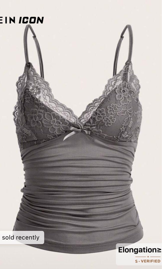 Lace Top Dark Grey Size S (Category: Sleeveless) located in Manila. Submitted by jashdeclutters (Listing ID 1449152251, Image 2). Description: - SHEIN ICON dark grey lace cami top - Features flattering ruched detailing on the front - Adjustable straps for a perfect fit - Versatile: great for layering or wearing on its own - Comfortable and stylish design.