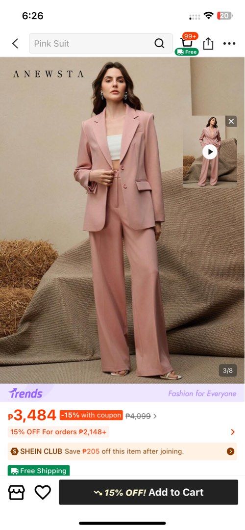Shein Pink Blazer and Pants Suit Set (Category: Sets or Coordinates) located in Imus. Submitted by gelaaaa17 (Listing ID 1449322402, Image 1). Description: - Chic pink suit set from ANewsta - Blazer: Double-breasted, 2 buttons - Pants: High-waisted, wide leg - Perfect for formal events or stylish office wear - Originally purchased from SHEIN - Brand new, never worn, still in original packaging.