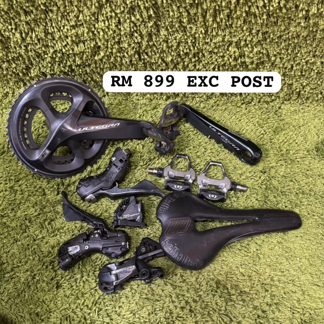 Shimano Ultegra Road Bike Groupset Crankset Shifters Pedals Saddle (Category: Bicycles) located in Kadok. Submitted by dsmizzaza (Listing ID 1449246408, Image 1). Description: Area Kelantan ✅Item Used/Bundle Singapore Berminat/Interested 016 472 7883.