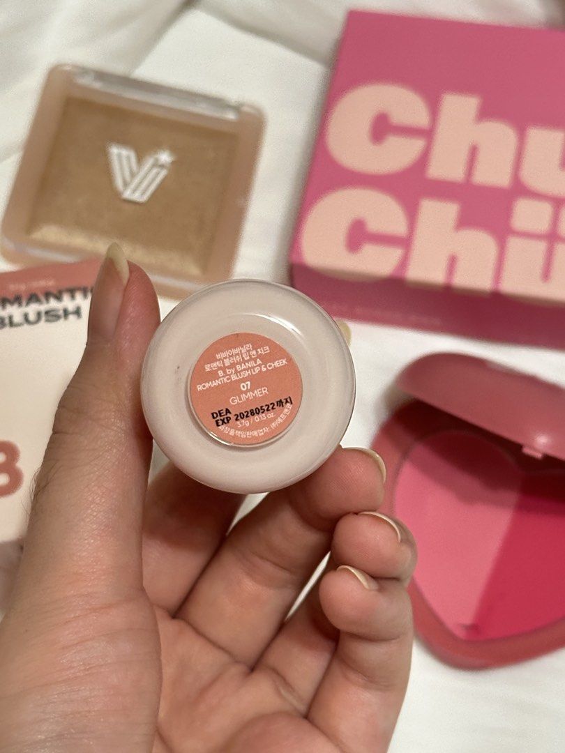 Take All Makeup (Chuchu, Vice Co, Banila Co) (Category: Makeup) located in Pasig City. Submitted by michahhh_ (Listing ID 1449224261, Image 2). Description: - Bundle includes: Vice Cosmetics Glow Spell highlighter in Champagne, ChuChu Heart Blush Duo in Love Candy, B. Romantic liquid blush, and a small lip balm. - Condition: Some items are brand new, while others have been lightly used..