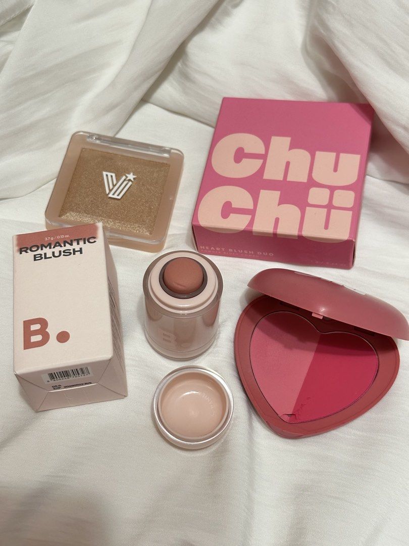 Take All Makeup (Chuchu, Vice Co, Banila Co) (Category: Makeup) located in Pasig City. Submitted by michahhh_ (Listing ID 1449224261, Image 1). Description: - Bundle includes: Vice Cosmetics Glow Spell highlighter in Champagne, ChuChu Heart Blush Duo in Love Candy, B. Romantic liquid blush, and a small lip balm. - Condition: Some items are brand new, while others have been lightly used..