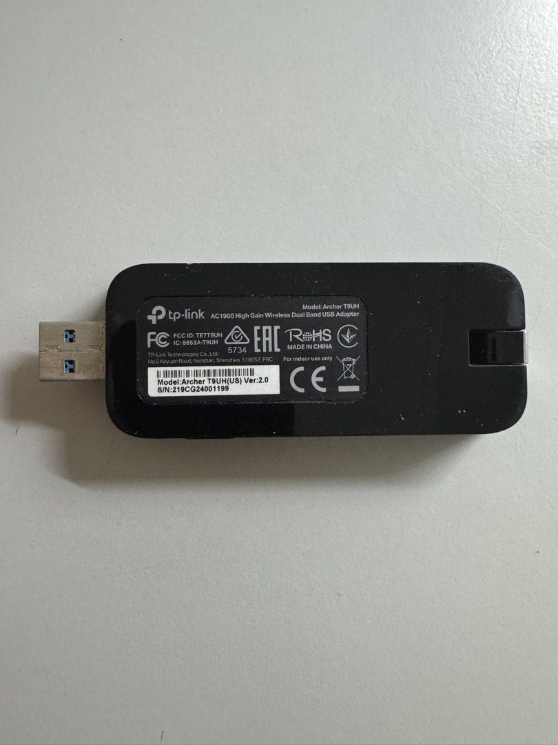 TP-Link Archer T9UH AC1900 High Gain Wireless Dual Band USB Adapter (Category: Networking) located in Kuala Lumpur. Submitted by nobletiger.f17a88 (Listing ID 1449218958, Image 1). Description: - TP-Link Archer T9UH AC1900 USB Wi-Fi Adapter - Experience blazing-fast AC1900 dual-band wireless speeds - High-gain antennas for improved signal reception and stability - Connects easily to your computer via USB - One-touch WPS button for simple network 