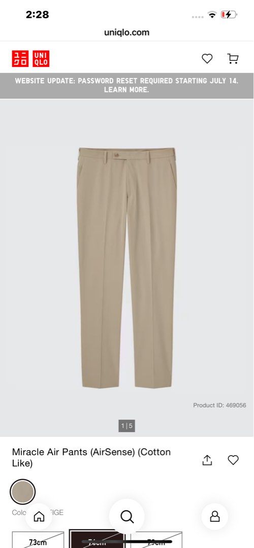 Uniqlo Miracle Air Pants (Category: Chinos) located in Mandaue City. Submitted by beeryanni (Listing ID 1449176856, Image 2). Description: Uniqlo Miracle Air Pants Width: 32-34 Length: 39 Leg opening: 7.5 NO ISSUE.