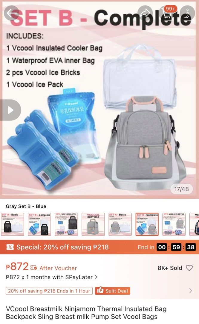 V-COOOL Breastmilk Insulated Cooler Bag Set with Ice Bricks (Category: Breastfeeding & Bottle Feeding) located in Las Pinas. Submitted by mailoooooveszx (Listing ID 1449125285, Image 3). Description: - V-COOOL insulated cooler bag - Color: Grey with pink accents - Includes 2 V-COOOL ice bricks (blue) - Ideal for keeping breastmilk and food cool - Comes with a strap - Includes a separate waterproof inner bag - Perfect for moms on the go.