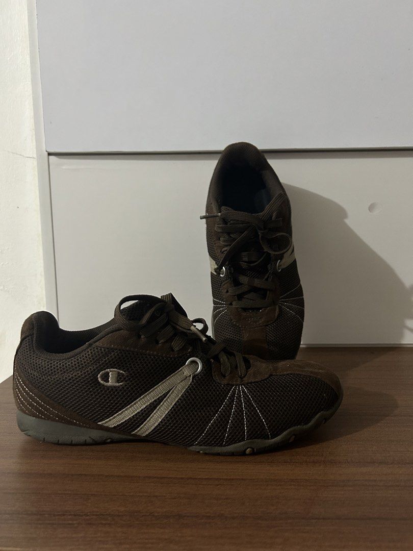 Vintage Brown Champion Sneakers (Category: Sneakers) located in Tarlac. Submitted by clydeascope (Listing ID 1449238728, Image 2). Description: - Brown Champion sneakers - Lace-up style - Mesh and suede material - White stitching detail on sides - Perfect for casual wear or light workouts - Size: 8 womens but can fit 7 mens - Issue/s: Stains **PLEASE TAKE NOTE** - No returns, refunds, or exchanges. Please purchase at your own risk. - I will provi