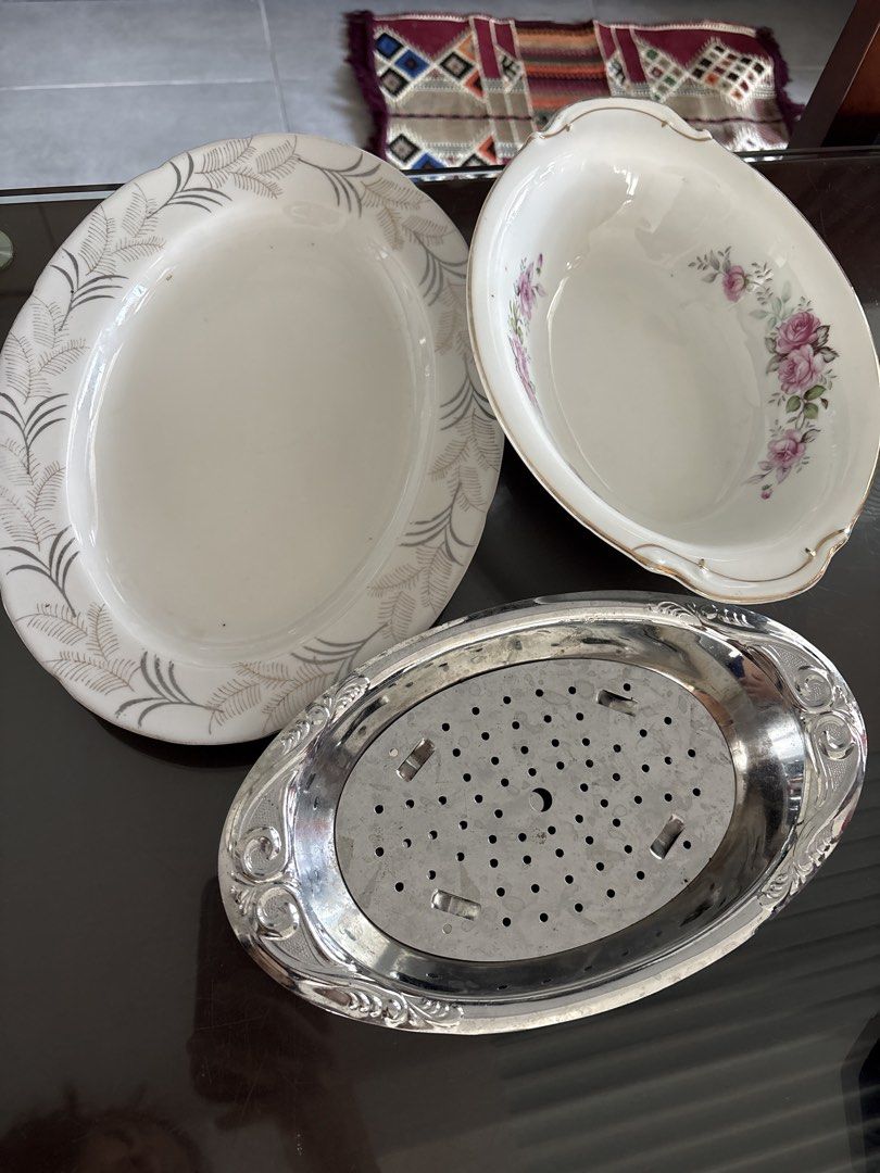 Vintage Ceramic Serving Dish and Silver Plated Strainer (Category: Dinnerware & Cutlery) located in Subang Jaya. Submitted by maylyn32 (Listing ID 1449115231, Image 1). Description: Vintage serving set: oval leaf dish, floral rose bowl with gold trim, and ornate silver-plated strainer. Perfect for serving or display. Take All for RM 20.