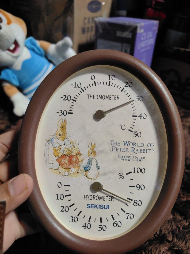 vintage Sekisui Peter Rabbit thermometer and hygrometer (Category: Clocks) located in Calamba. Submitted by princesspauliney. (Listing ID 1449233582, Image 1). Description: This is a vintage Sekisui Peter Rabbit wall-mounted thermometer and hygrometer Working.