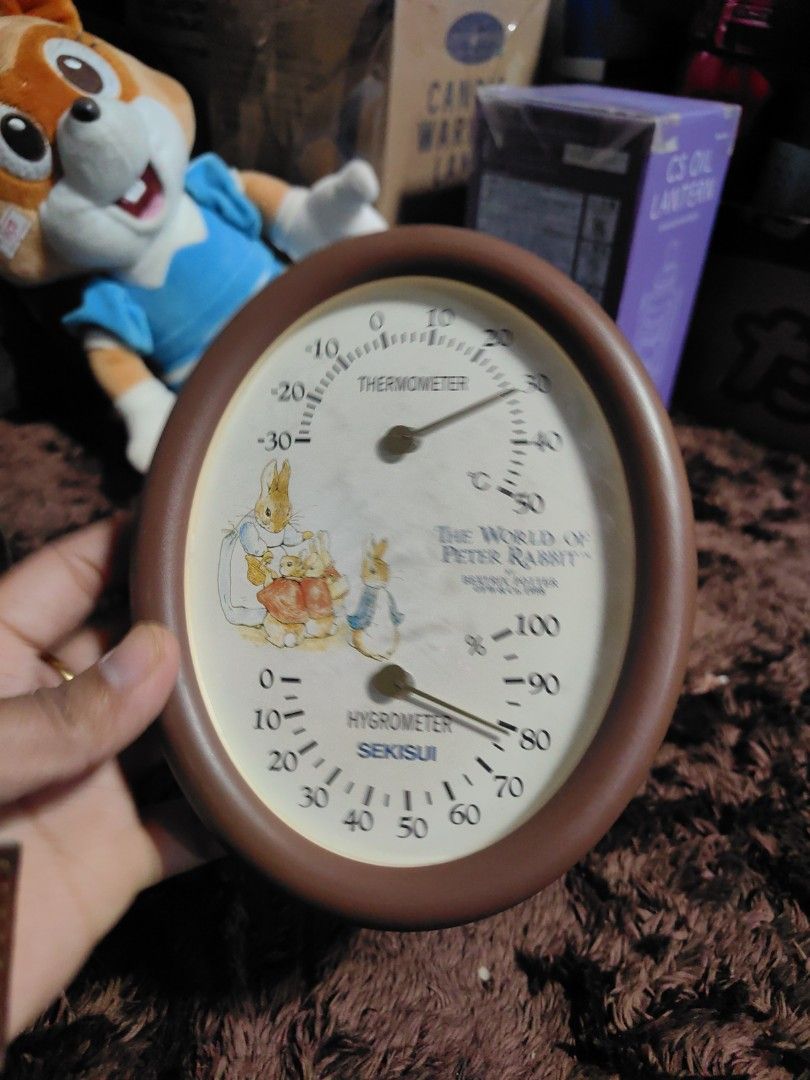 vintage Sekisui Peter Rabbit thermometer and hygrometer (Category: Clocks) located in Calamba. Submitted by princesspauliney. (Listing ID 1449233582, Image 2). Description: This is a vintage Sekisui Peter Rabbit wall-mounted thermometer and hygrometer Working.