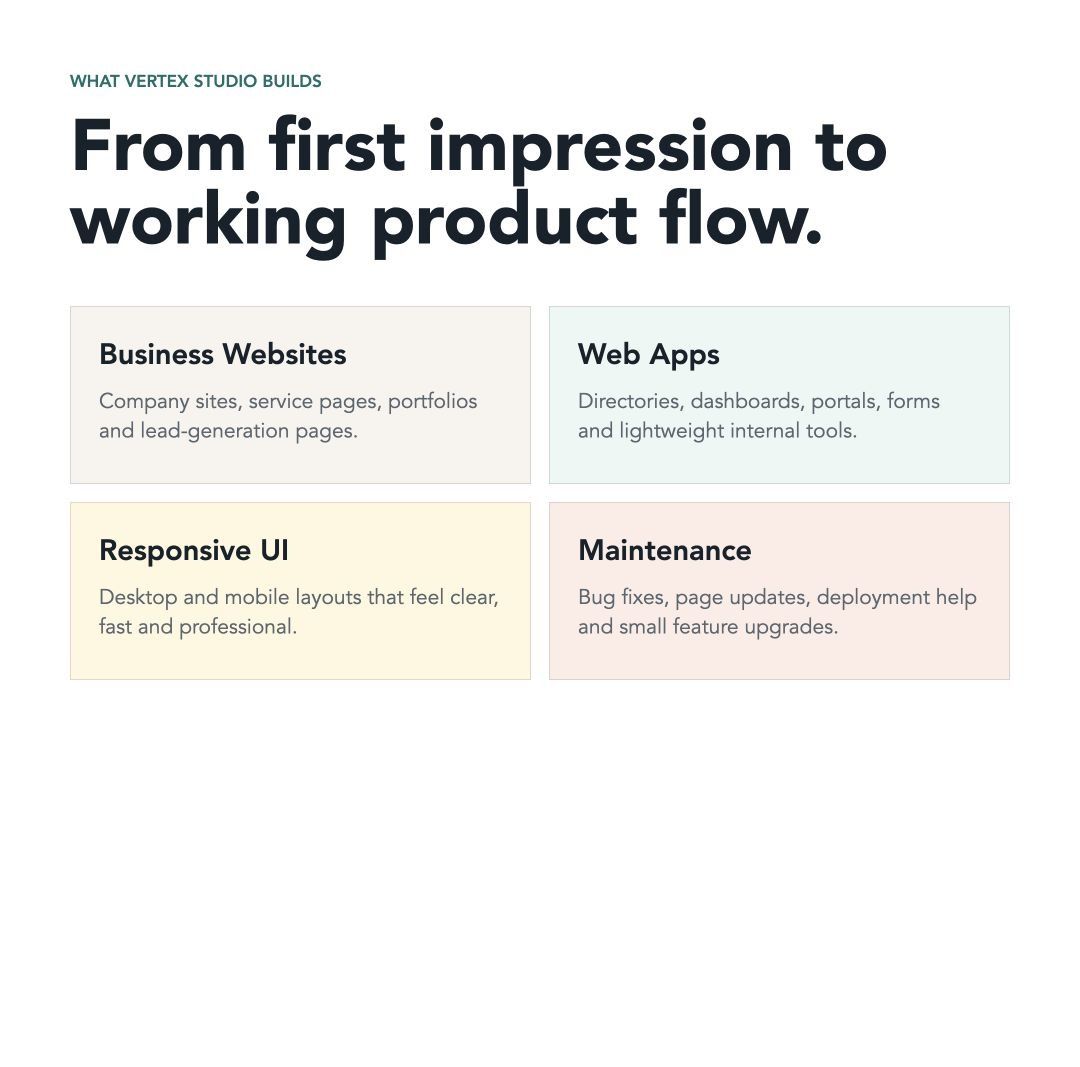 Website, Web App & Custom Software Development (Category: IT & Programming) located in Singapore. Submitted by yan010425 (Listing ID 1449251347, Image 2). Description: Hi, we’re Vertex Studio, a Singapore-based development team building websites, web apps and custom software for businesses. We can help with: - Business websites - Landing pages - E-commerce websites - Booking and ordering systems - Admin dashboards - Web applications - Custom mana