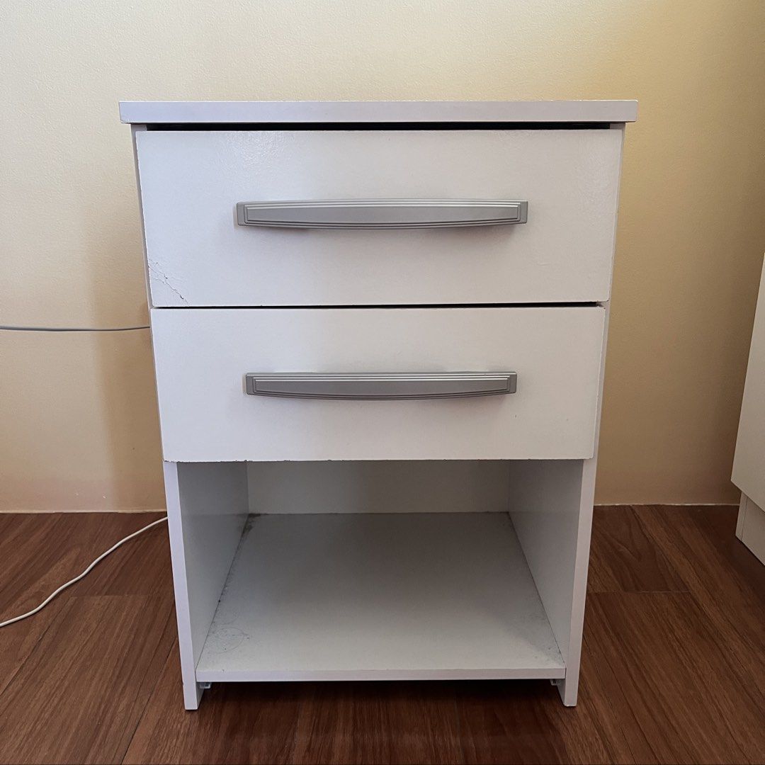 White Nightstand / Bedside Table (Category: Shelves, Cabinets & Racks) located in Paranaque City. Submitted by atothea (Listing ID 1449169697, Image 1). Description: RFS: Moving out of condo Will be available starting 2nd/3rd week of August Flaw shown on last slide.