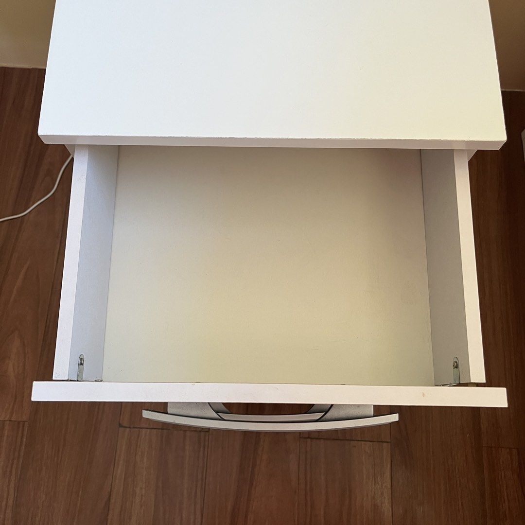 White Nightstand / Bedside Table (Category: Shelves, Cabinets & Racks) located in Paranaque City. Submitted by atothea (Listing ID 1449169697, Image 3). Description: RFS: Moving out of condo Will be available starting 2nd/3rd week of August Flaw shown on last slide.