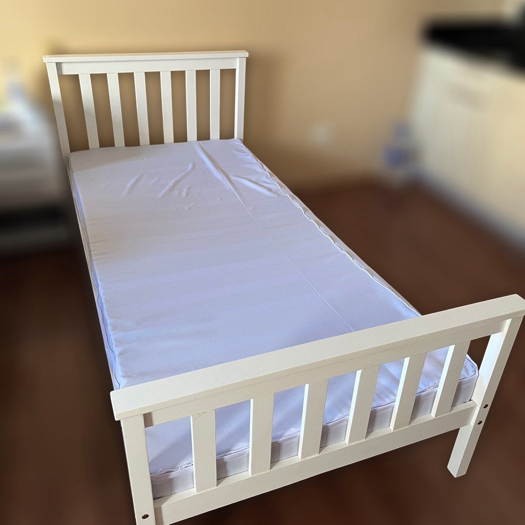 White Wooden Single Bed Frame (Category: Bed Frames & Mattresses) located in Paranaque City. Submitted by atothea (Listing ID 1449170824, Image 2). Description: Flaws shown in slides 7-8 RFS: Moving out of condo Will be available starting 2nd/3rd week of August.