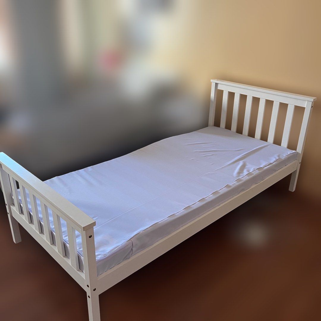 White Wooden Single Bed Frame (Category: Bed Frames & Mattresses) located in Paranaque City. Submitted by atothea (Listing ID 1449170824, Image 3). Description: Flaws shown in slides 7-8 RFS: Moving out of condo Will be available starting 2nd/3rd week of August.