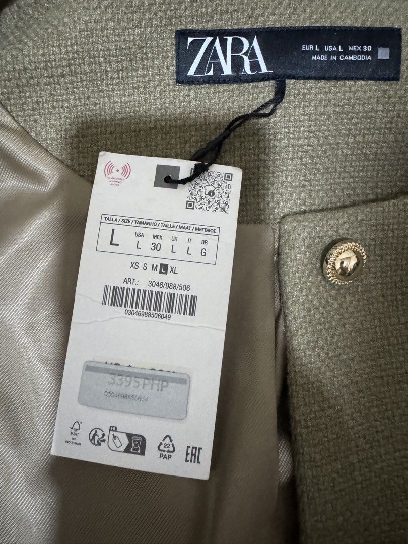 Zara Textured Cropped Jacket with Gold Buttons (Category: Coats, Jackets and Outerwear) located in Mandaluyong City. Submitted by chubs08 (Listing ID 1449297159, Image 3). Description: - Authentic Zara cropped jacket - Sage textured fabric - Round neckline with gold button closure - Two front flap pockets with gold button details - Fully lined - Size L - Made in Cambodia Never used,just stored! Original price posted. No defect and issues.🌈.