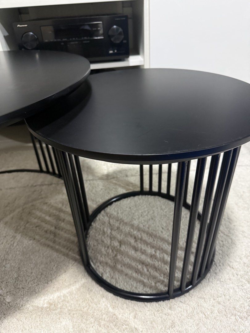 2 Piece Center Table Nesting Set (Category: Tables & Sets) located in Makati City. Submitted by AGPMC (Listing ID 1449505182, Image 3). Description: Selling our 2-piece nesting center table set from Our Home (SM Megamall). 80cm * Purchased brand new about 1 year ago * Original price: ₱5,000 * Selling for only ₱3,000 * Modern matte black finish with sturdy metal frame * Can be used together as nesting tables or separately * Still in good condition