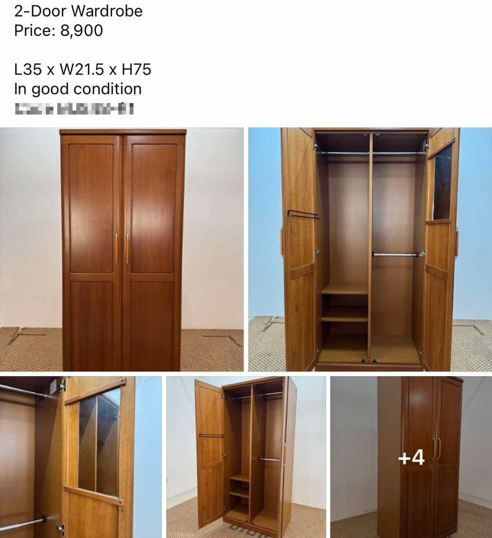 2-Door Wooden Wardrobe (Category: Shelves, Cabinets & Racks) located in San Juan City. Submitted by _allykim (Listing ID 1449368234, Image 1). Description: - Sturdy 2-door wooden wardrobe - Dimensions: L35" x W21.5" x H75" - Plenty of hanging space and shelves inside - Ideal for organizing clothes and other items - Ready for its new home! -Price slightly negotiable .