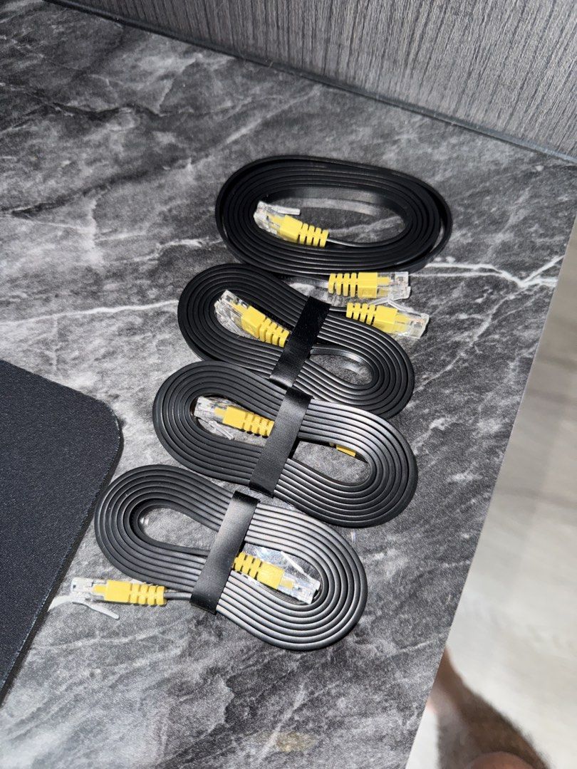 4x Flat Black Ethernet Cables with Yellow Connectors