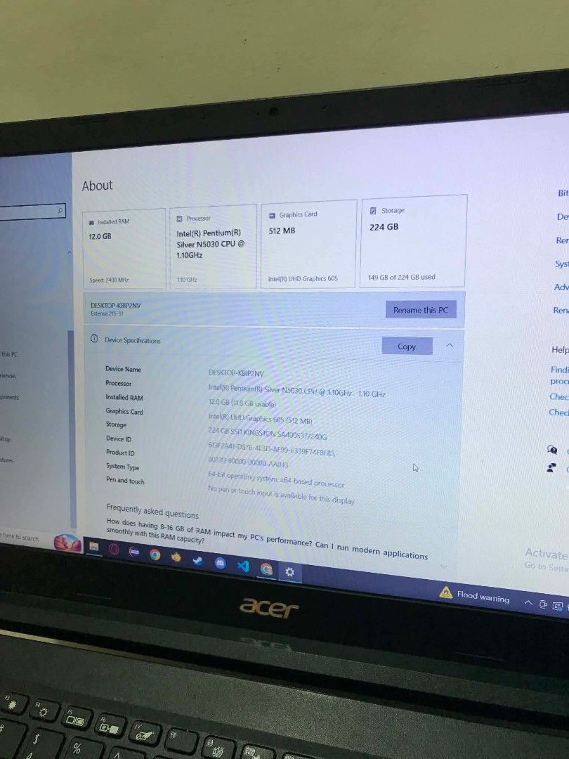Acer Laptop Intel Pentium Silver 15.6 inch (Category: Laptops & Notebooks) located in Caloocan City. Submitted by swiftflower_802790 (Listing ID 1449446646, Image 3). Description: - Acer Laptop - 15.6 inch screen - Intel Pentium Silver N5030 processor - 12GB RAM - 224GB Storage - Ideal for everyday tasks and browsing - Comes with charger - Ready to use.