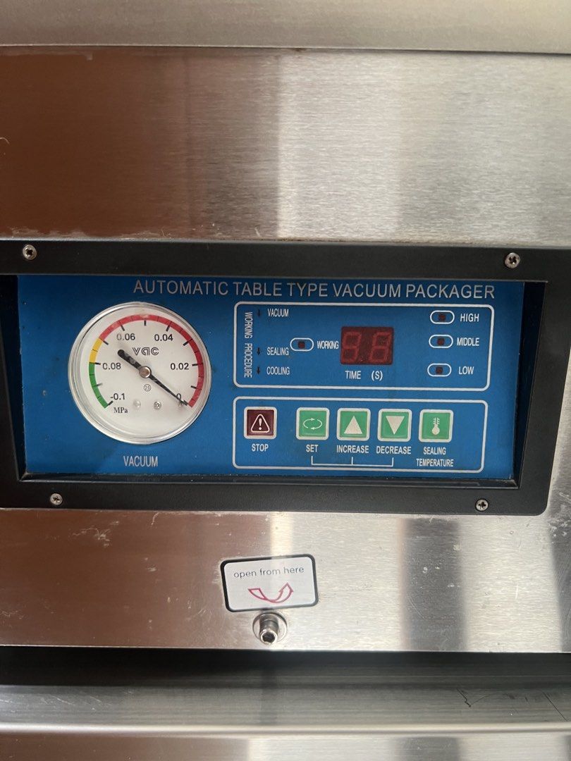 Automatic Table Type Vacuum Sealer (needs to be repaired) (Category: Home Improvement Tools & Accessories) located in Manila. Submitted by squathleen (Listing ID 1449417228, Image 3). Description: - Automatic table type vacuum packager - Durable stainless steel construction - Built-in vacuum gauge for precise control - Digital display for easy time and temperature settings - User-friendly buttons: Stop, Set, Increase, Decrease, Sealing Temperatur