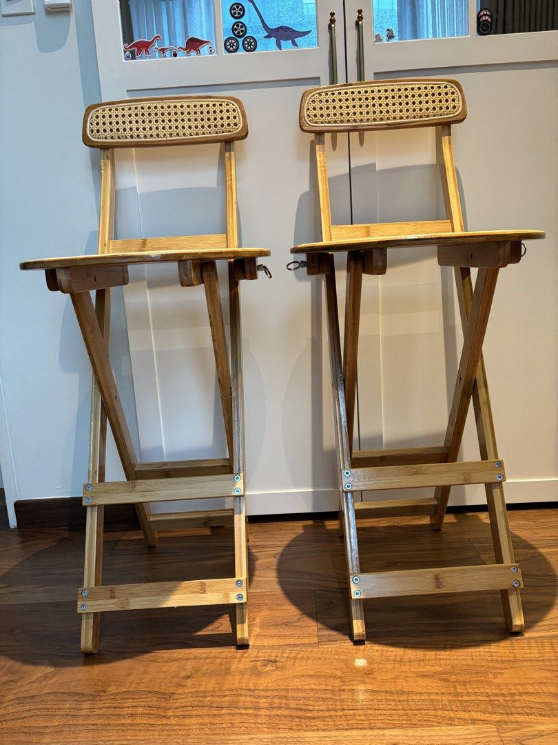 Bamboo Bar Stool with Cane Seat and Backrest (Category: Chairs) located in Mandaluyong City. Submitted by carol_0368 (Listing ID 1449474152, Image 2). Description: - Set of 2 bamboo bar stools - Features woven cane seat and backrest - Foldable design for easy storage - Ideal for kitchen counters or bar areas .