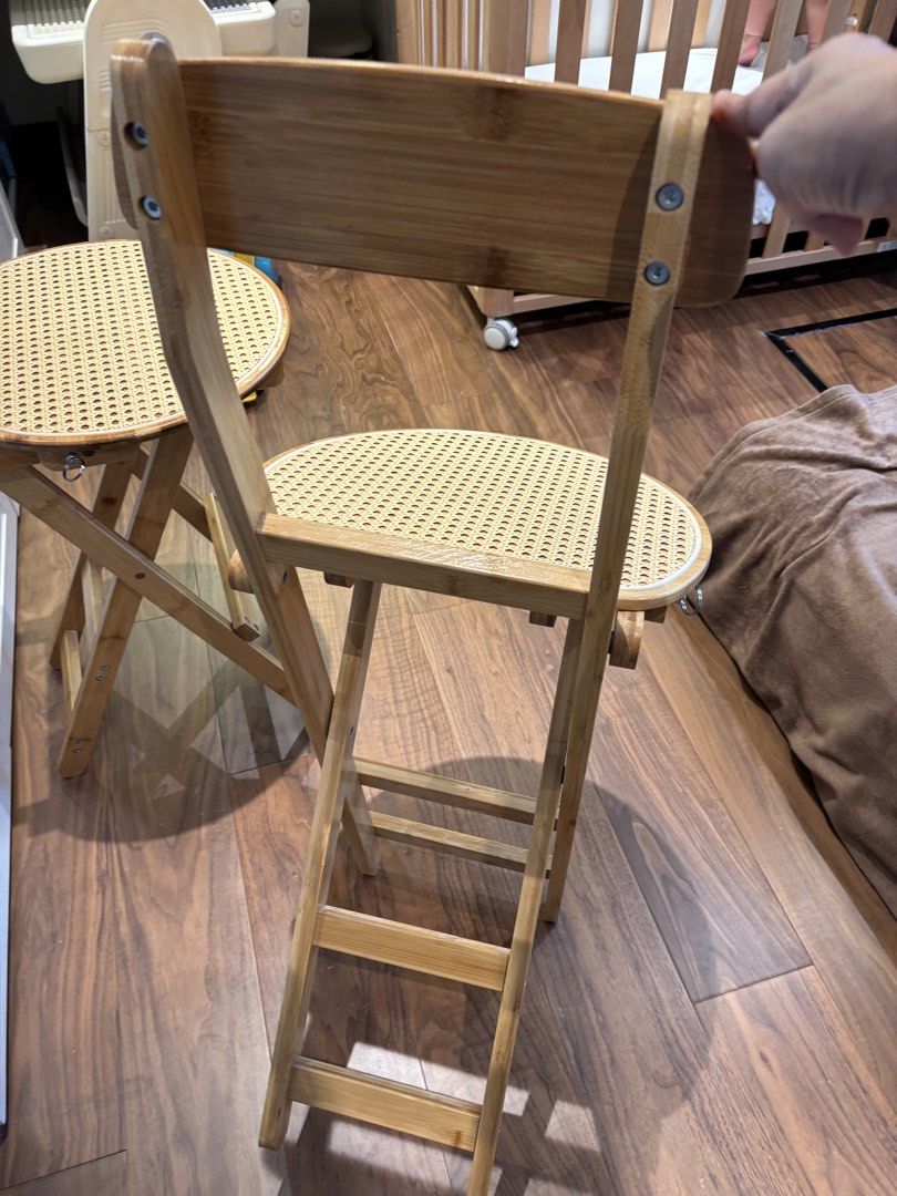 Bamboo Bar Stool with Cane Seat and Backrest (Category: Chairs) located in Mandaluyong City. Submitted by carol_0368 (Listing ID 1449474152, Image 3). Description: - Set of 2 bamboo bar stools - Features woven cane seat and backrest - Foldable design for easy storage - Ideal for kitchen counters or bar areas .