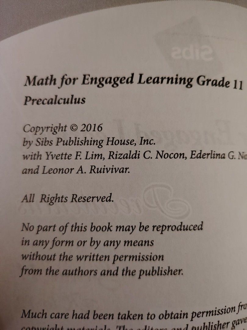 Basic Calculus Grade 11 (SIBS) (Category: Textbooks) located in Baybay. Submitted by dotsiboi000 (Listing ID 1449364481, Image 3). Description: Copyright Yr 2016 No acetate/book cover No writings/marks Brand New/Excellent cond 2nd stock.. Priced @ ₱100 Issue: May nakasulat sa (base of the book).