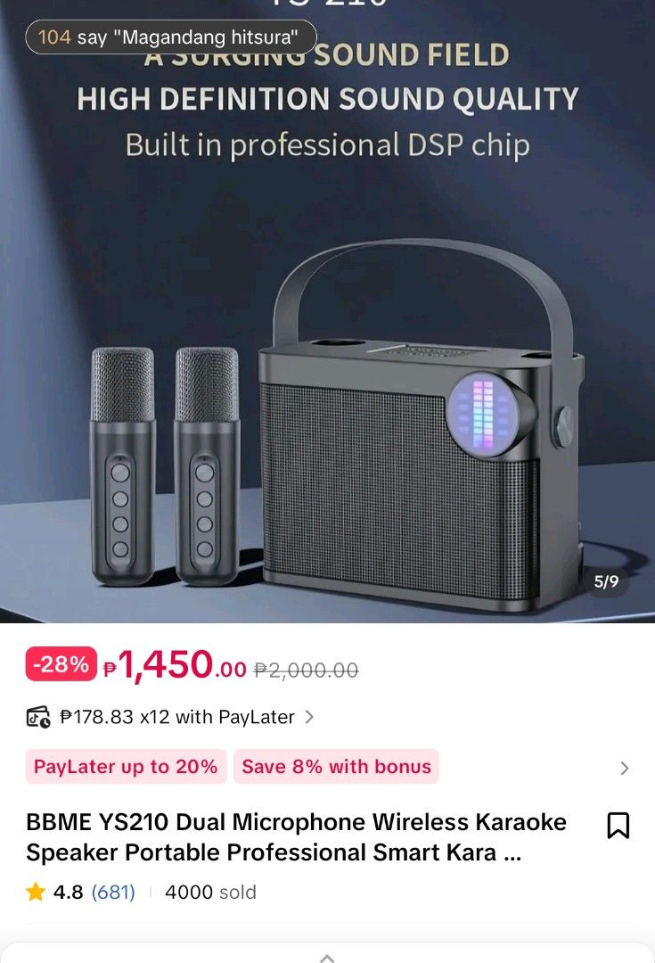 BBME YS210 Dual Mic Wireless Karaoke Speaker (Category: Soundbars, Speakers & Amplifiers) located in Manila. Submitted by reignranz (Listing ID 1449432941, Image 1). Description: - Portable karaoke speaker - Includes dual microphones - High definition sound quality with professional DSP chip - Ideal for parties and singing - Easy to carry - Features a cool light display.