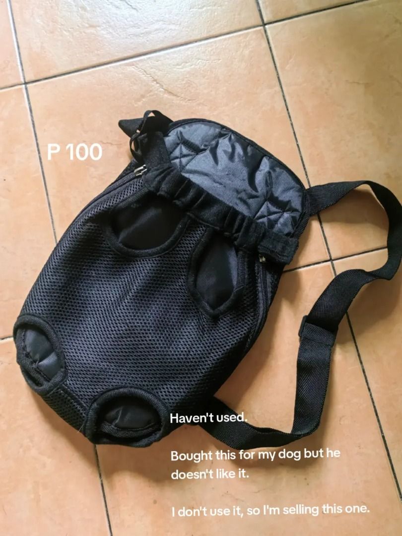 Black Pet Carrier Backpack for Small Dogs/Cats (Category: Homes & Other Pet Accessories) located in Caloocan City. Submitted by mayosera2085788 (Listing ID 1449392053, Image 1). Description: - Black pet carrier backpack, Size L - Mesh design for excellent ventilation - Features openings for your pet's legs and head - Suitable for pets up to 6.5kg - Bought for my dog but he didn't take to it, so it's practically new and unused..