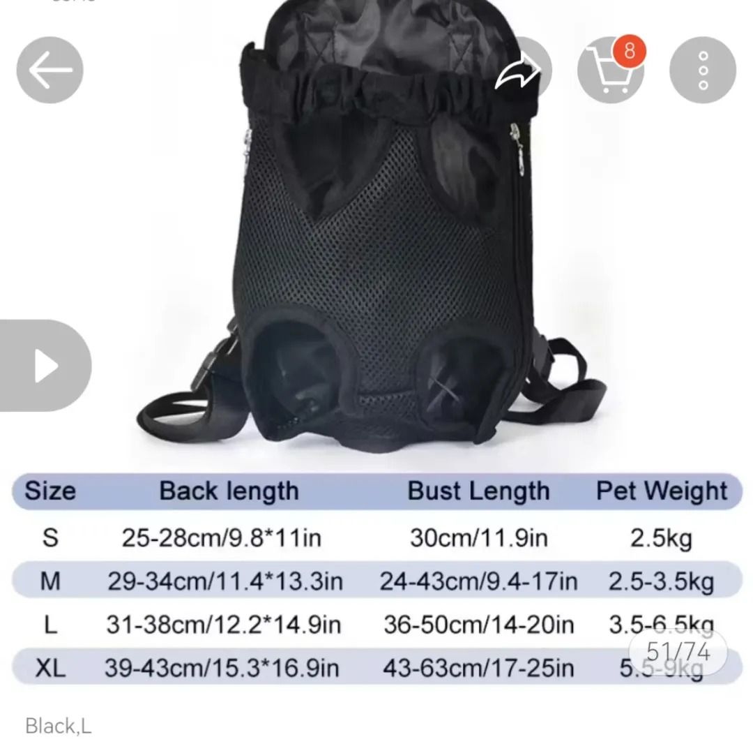 Black Pet Carrier Backpack for Small Dogs/Cats (Category: Homes & Other Pet Accessories) located in Caloocan City. Submitted by mayosera2085788 (Listing ID 1449392053, Image 2). Description: - Black pet carrier backpack, Size L - Mesh design for excellent ventilation - Features openings for your pet's legs and head - Suitable for pets up to 6.5kg - Bought for my dog but he didn't take to it, so it's practically new and unused..