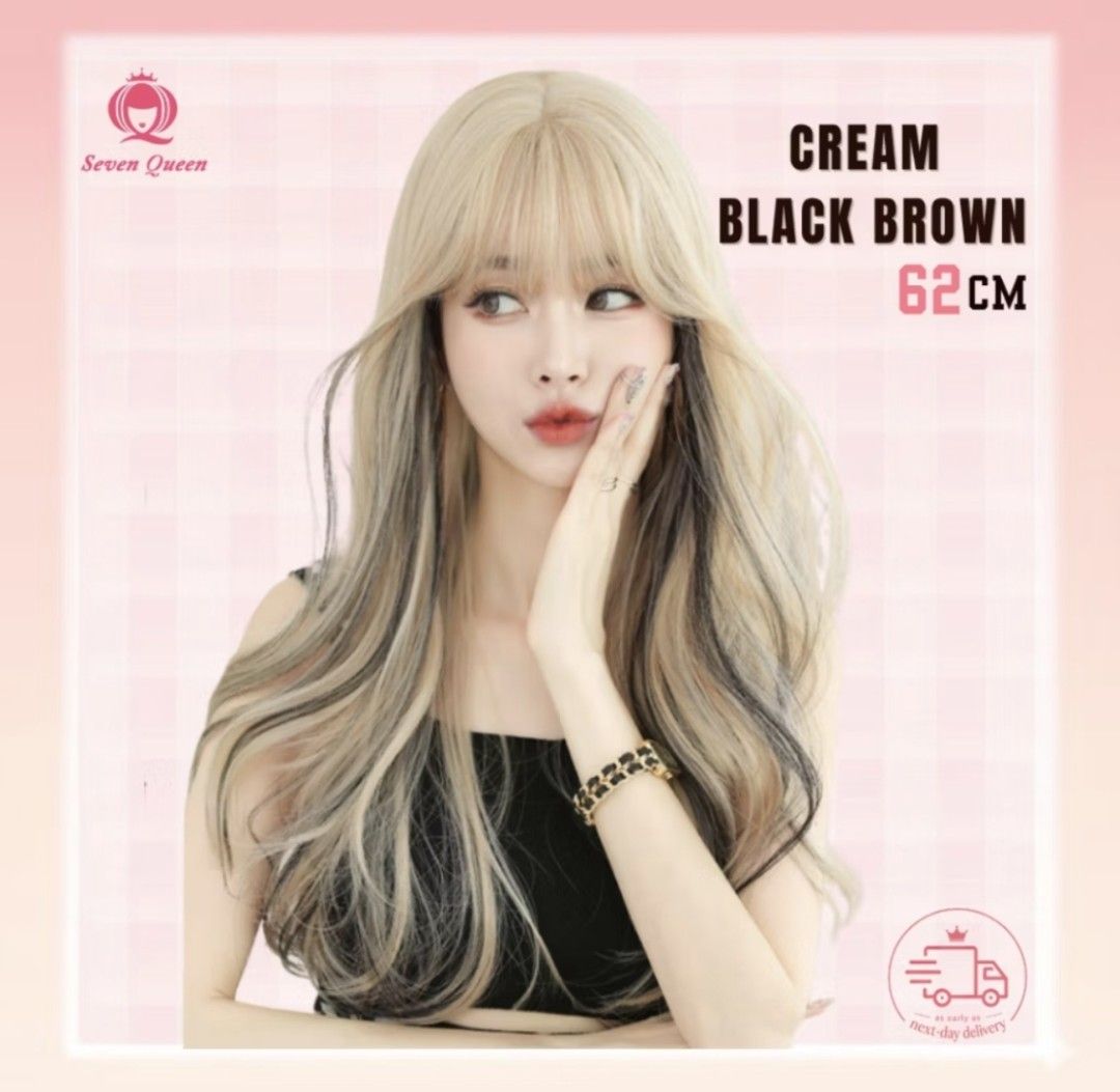 Blonde wavy Wig with black highlights (Category: Hair) located in Quezon City. Submitted by mikhcruz (Listing ID 1449533466, Image 1). Description: Never been used outside, for indoor photos only - Cream, black, and brown wavy wig - 62cm length - Features bangs - Brand: Seven Queen - Matches photos exactly - Ideal for styling and cosplay RFS: di nagagamit .