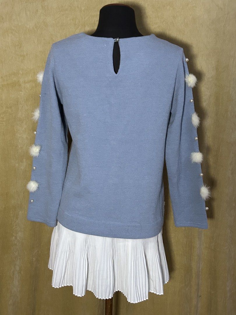 Blue Sweater Top with Lace and Pleates (Category: Dresses) located in Batangas. Submitted by mkjgb (Listing ID 1449410094, Image 3). Description: Bought from Bangkok. Length from shoulder is 30”. Width from waist is 19.5” (laid flat). Can be a dress for shorter girlies. - Adorable blue sweater dress - Long sleeves with pearl and pom-pom details - Elegant lace trim at the waist - Attached white pleated skirt for a complete look - Perfect for a uni