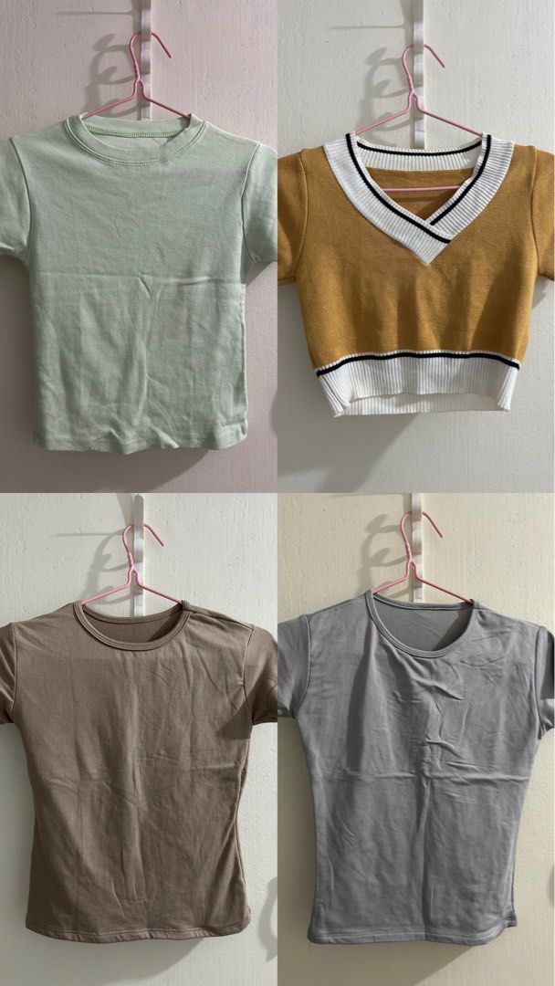 Bundle of 4 Tops - Basic Tees and Knit Top (Category: Shirts) located in Manila. Submitted by yzuhlle (Listing ID 1449446961, Image 1). Description: Bundle of 4 short-sleeved tops: light green tee, mustard yellow knit v-neck with trim, taupe tee, and grey tee. Perfect for casual wear and mixing and matching. Rfs: decluttering, additional funds for my dad’s angiogram.