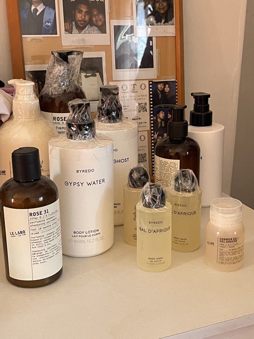 Byredo & Le Labo Items (Category: Bath) located in Santa Rosa. Submitted by gracesther1217 (Listing ID 1449343910, Image 1). Description: Look at these items I sold last time! - Byredo Bal d Afrique Body Wash in minis - Le Labo Hinoki Shower Gel 500ml - Byredo Gypsy Water Body Lotion 450ml - Le Labo Rose 31 Shampoo 480ml with freebies of - Le Labo Hinoki handcreams in mini - Crabtree & Evelyn handcreams in mini - Tocca handcreams in mini, and - B
