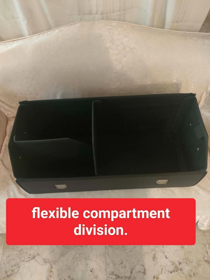 Car Trunk Organizer - Collapsible, Adjustable Compartments, Waterproof (Category: Storage Boxes & Baskets) located in Caloocan City. Submitted by rise-edge (Listing ID 1449359413, Image 2). Description: - Keep your car trunk tidy and organized. - Adjustable partitions create up to 3 compartments. - Flexible interior division system. - Made from durable, waterproof cardboard with a skin cover. - Fully collapsible for easy storage in small spaces. 