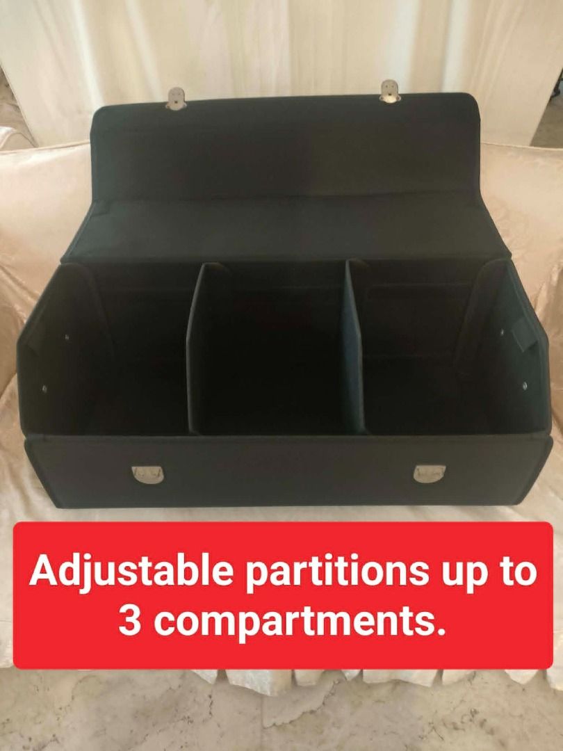 Car Trunk Organizer - Collapsible, Adjustable Compartments, Waterproof (Category: Storage Boxes & Baskets) located in Caloocan City. Submitted by rise-edge (Listing ID 1449359413, Image 1). Description: - Keep your car trunk tidy and organized. - Adjustable partitions create up to 3 compartments. - Flexible interior division system. - Made from durable, waterproof cardboard with a skin cover. - Fully collapsible for easy storage in small spaces. 