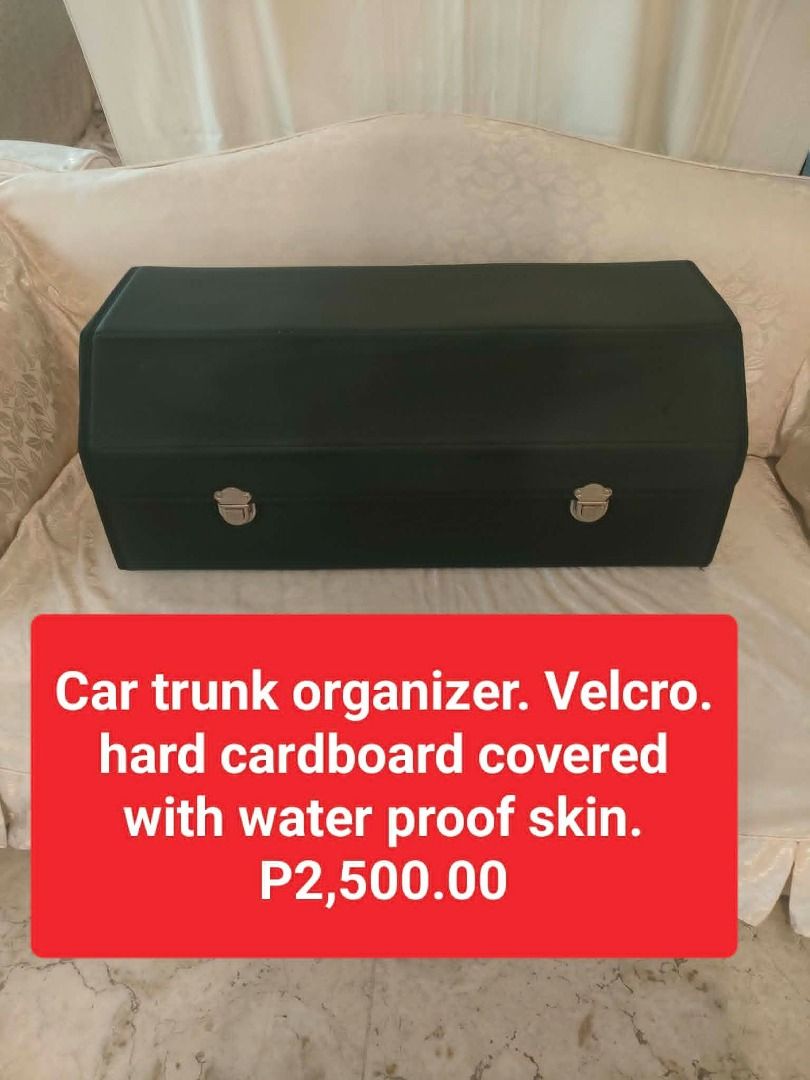Car Trunk Organizer - Collapsible, Adjustable Compartments, Waterproof (Category: Storage Boxes & Baskets) located in Caloocan City. Submitted by rise-edge (Listing ID 1449359413, Image 3). Description: - Keep your car trunk tidy and organized. - Adjustable partitions create up to 3 compartments. - Flexible interior division system. - Made from durable, waterproof cardboard with a skin cover. - Fully collapsible for easy storage in small spaces. 