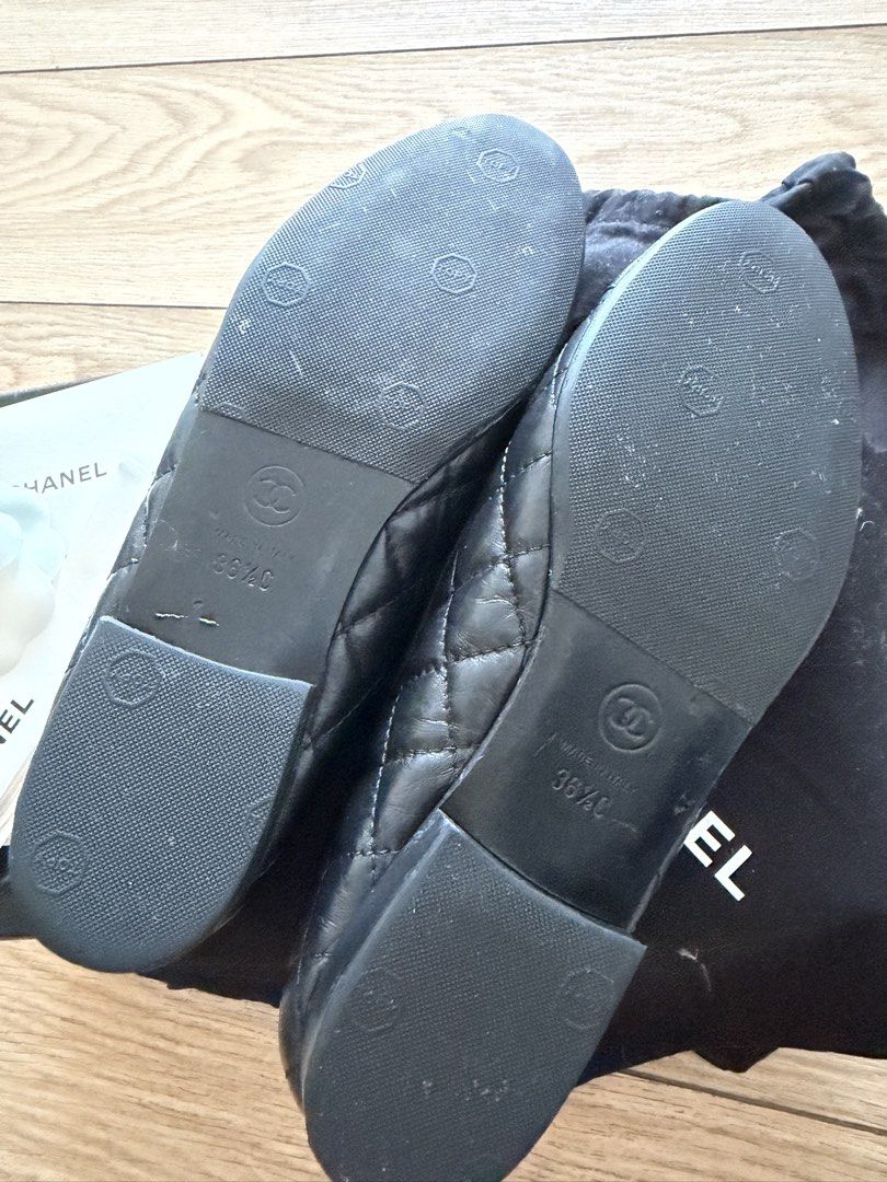 Chanel Black Quilted Leather Ballet Flats (Category: Flats & Sandals) located in Mandaluyong City. Submitted by declutteringcorner (Listing ID 1449529269, Image 2). Description: Classic Chanel ballet flats - Black quilted leather - Size: 36.5C - complete inclusion with original dust bag, box, receipt and paper bag - seldom used - with sole protectors from the date of purchase - rfs: decluttering .