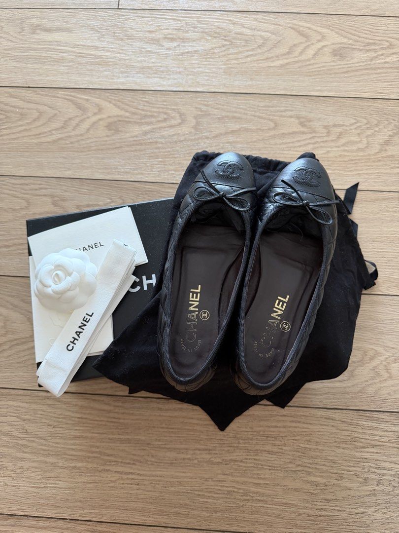 Chanel Black Quilted Leather Ballet Flats (Category: Flats & Sandals) located in Mandaluyong City. Submitted by declutteringcorner (Listing ID 1449529269, Image 1). Description: Classic Chanel ballet flats - Black quilted leather - Size: 36.5C - complete inclusion with original dust bag, box, receipt and paper bag - seldom used - with sole protectors from the date of purchase - rfs: decluttering .