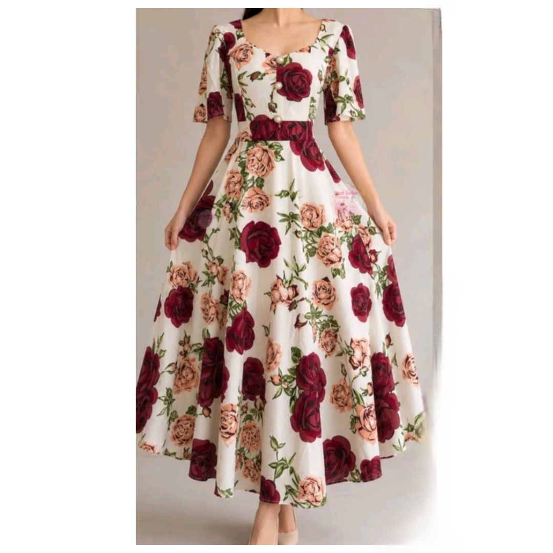 Cream Floral Maxi Dress (Category: Dresses) located in Manila. Submitted by grasyaaaaasb (Listing ID 1449351092, Image 1). Description: Premium Crepe Fabric Freesize best fit medium to xl Length is 48 inches from shoulders.