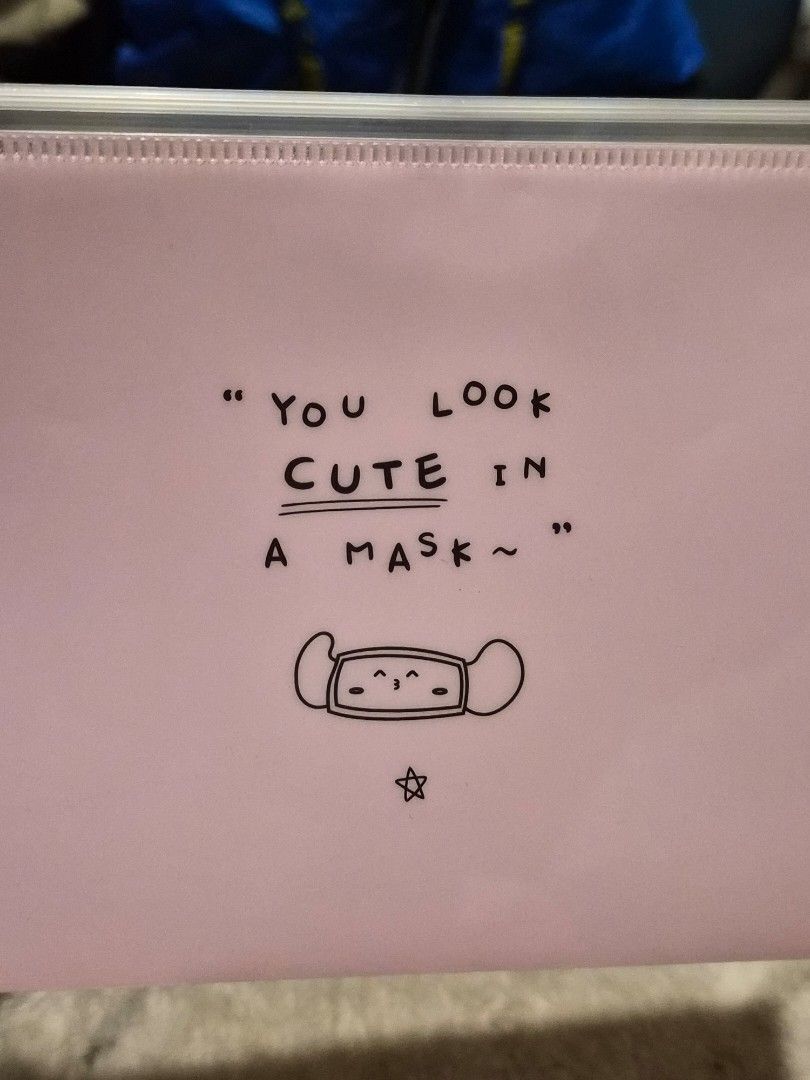 Cute Mask Design Zipper Pouch - Pink 4 pcs (Category: Purses & Pouches) located in Mandaue City. Submitted by chuchi152615 (Listing ID 1449512076, Image 2). Description: - Pink frosted document folder - Features a cute mask drawing and 'You look cute in a mask' text - Comes with a convenient ring zipper pull - Perfect for organizing papers, documents, or small personal items - Great for students or anyone who loves cute and functional stationery.