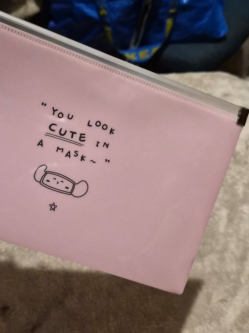 Cute Mask Design Zipper Pouch - Pink 4 pcs (Category: Purses & Pouches) located in Mandaue City. Submitted by chuchi152615 (Listing ID 1449512076, Image 3). Description: - Pink frosted document folder - Features a cute mask drawing and 'You look cute in a mask' text - Comes with a convenient ring zipper pull - Perfect for organizing papers, documents, or small personal items - Great for students or anyone who loves cute and functional stationery.