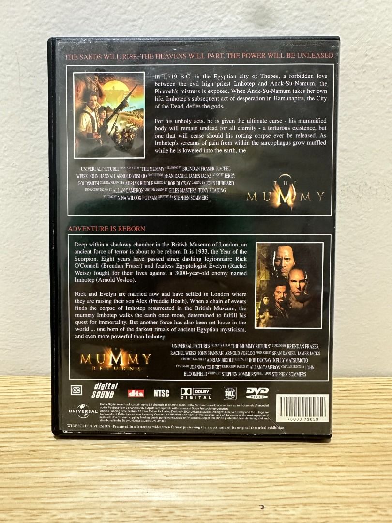 [DVD] The Mummy & The Mummy Returns (Category: CDs & DVDs) located in Kuala Lumpur. Submitted by reconnectcollective (Listing ID 1449413688, Image 2). Description: The Mummy (1999) The Mummy is a 1999 American action-adventure film written and directed by Stephen Sommers, and starring Brendan Fraser, Rachel Weisz, John Hannah, and Arnold Vosloo. A loose remake of the 1932 film of the same name, The Mummy follows adventurer and treasure hunter Ric