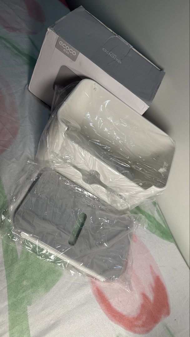 ECOCO Wall Mounted Tissue Box Holder Dispenser White (Category: Storage Boxes & Baskets) located in Naic. Submitted by cilissa (Listing ID 1449432274, Image 3). Description: - Stylish white and grey wall-mounted tissue box holder. - Brand new, in original packaging. - Simple and easy installation. - Keeps tissues neat and readily accessible. - Perfect for bathrooms and kitchens..